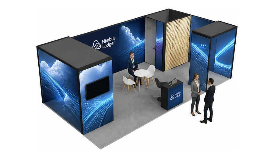 Stoisko 8 × 4 m narożne prawe dla branży oprogramowanie dla firm, przykładowa marka Nimbus Ledger