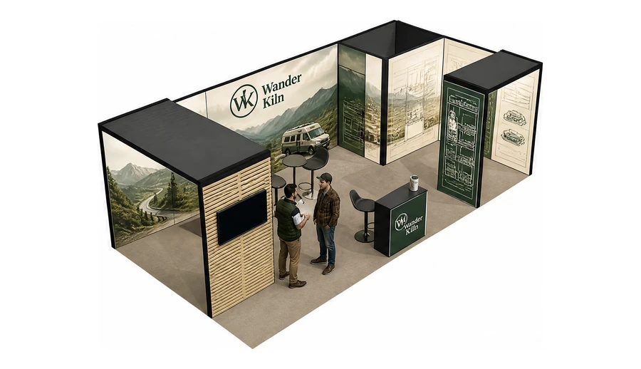 Stoisko 8 × 4 m narożne prawe dla branży caravaning i kampery, przykładowa marka Wander Kiln