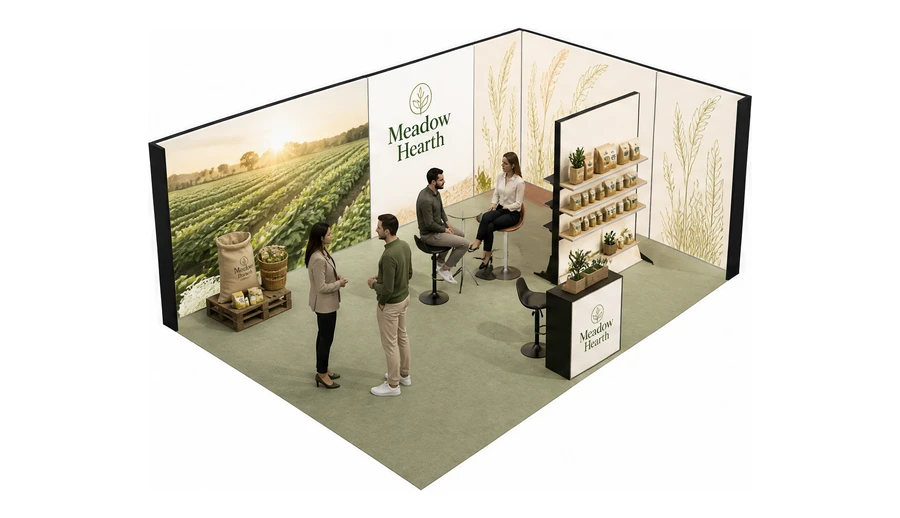 Stoisko 8 × 5 m narożne prawe dla branży żywność ekologiczna, przykładowa marka Meadow Hearth