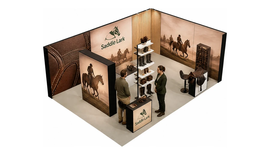 Stoisko 8 × 5 m narożne prawe dla branży jeździectwo, przykładowa marka Saddle Lark