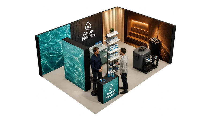 Stoisko 8 × 5 m narożne prawe dla branży baseny i sauny, przykładowa marka Aqua Hearth
