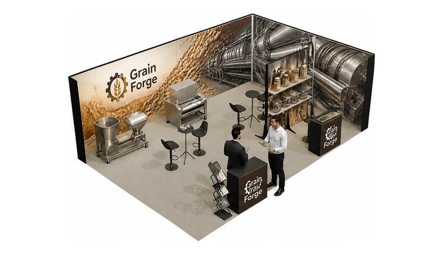 Stoisko 8 × 5 m narożne prawe dla branży technologie spożywcze, przykładowa marka Grain Forge
