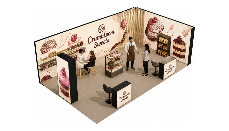 Stoisko 8 × 5 m narożne prawe dla branży piekarnictwo i cukiernictwo, przykładowa marka CrumbLoom Sweets