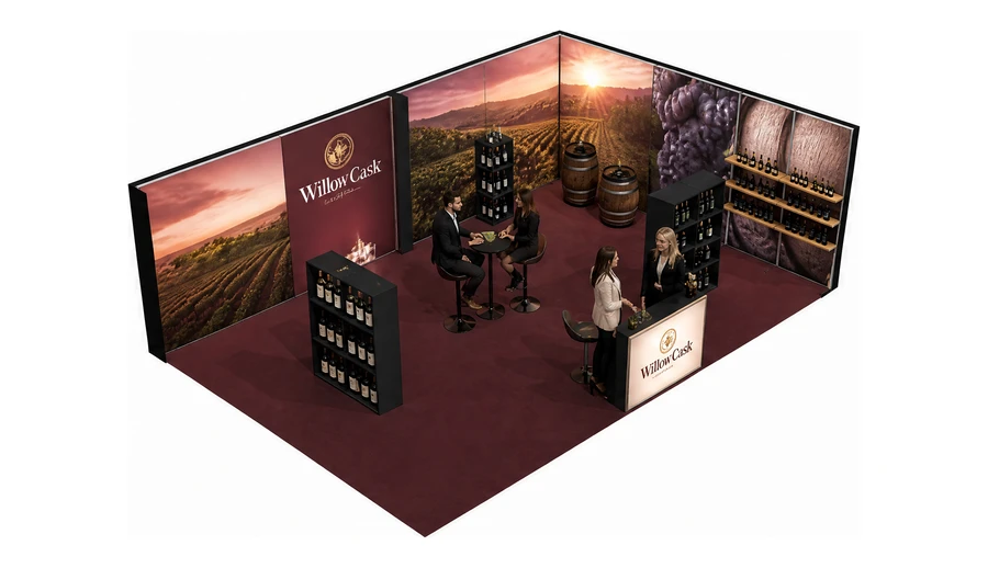 Stoisko 8 × 5 m narożne prawe dla branży winnica, przykładowa marka Willow Cask