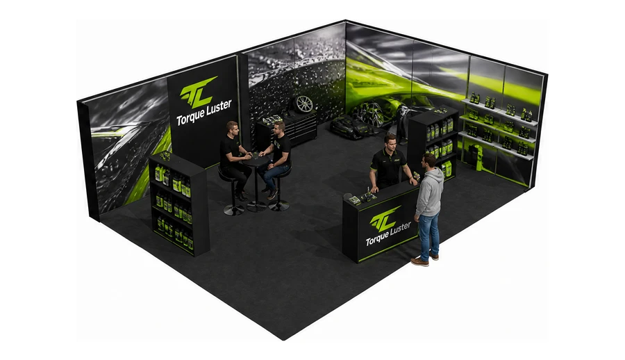 Stoisko 8 × 5 m narożne prawe dla branży tuning i detailing, przykładowa marka Torque Luster