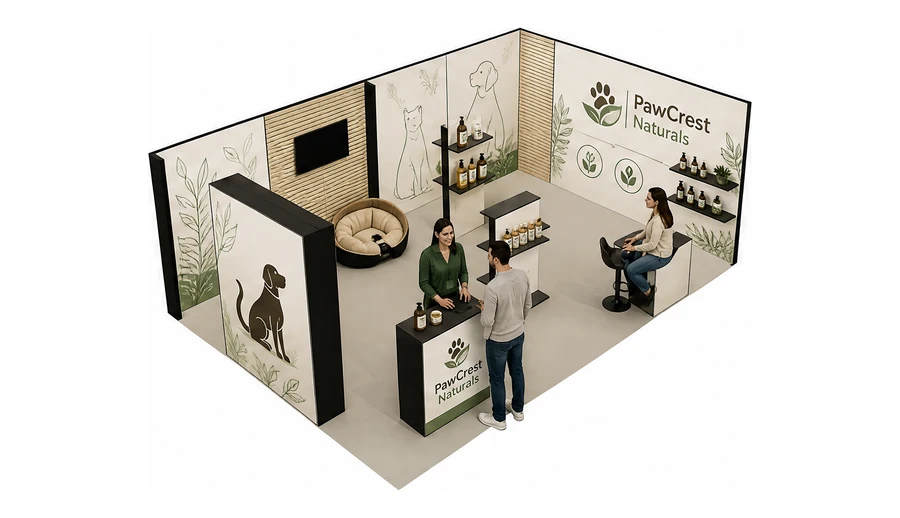 Stoisko 8 × 5 m narożne prawe dla branży weterynaria, przykładowa marka PawCrest Naturals