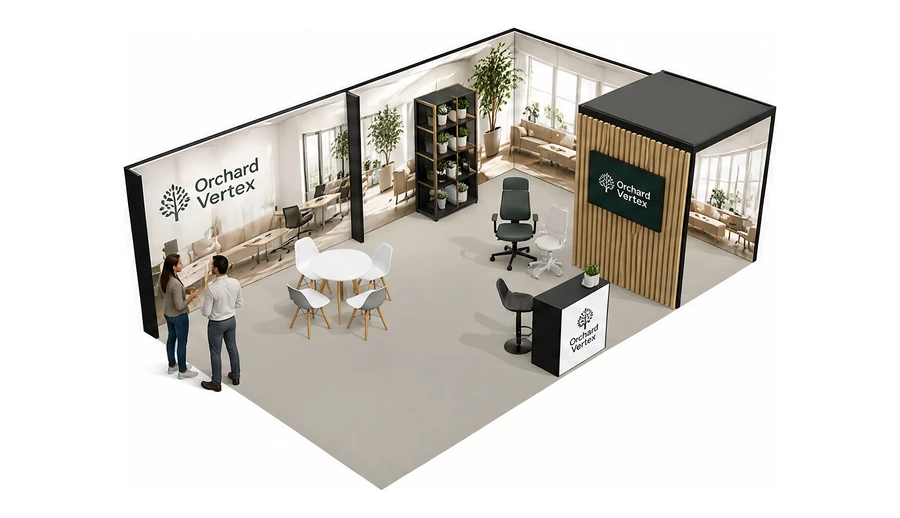 Stoisko 8 × 5 m narożne prawe dla branży meble biurowe, przykładowa marka Orchard Vertex