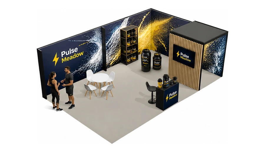Stoisko 8 × 5 m narożne prawe dla branży suplementy diety, przykładowa marka Pulse Meadow