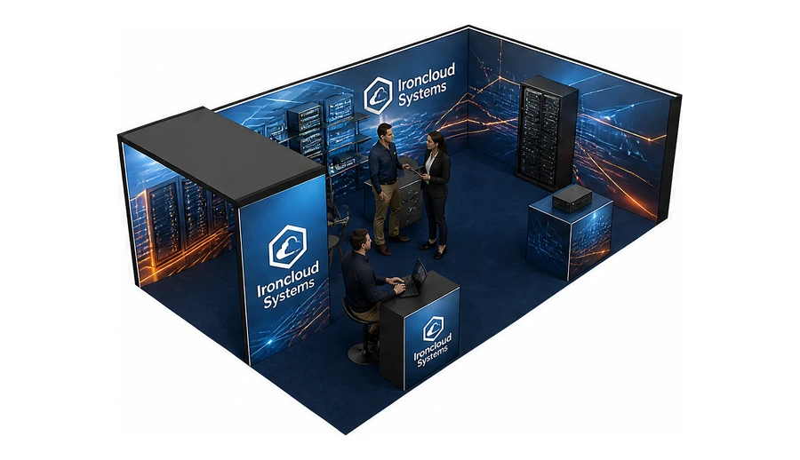Stoisko 8 × 5 m narożne prawe dla branży infrastruktura IT i data center, przykładowa marka Ironcloud Systems