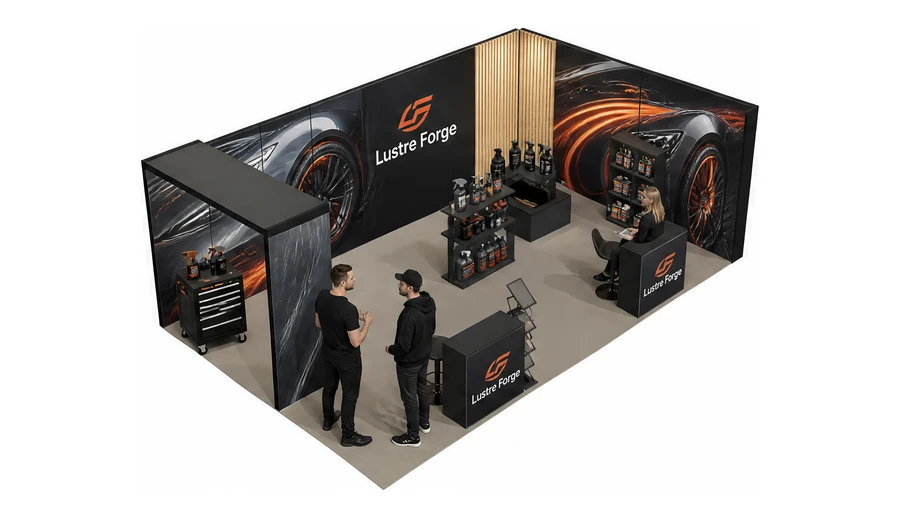 Stoisko 8 × 5 m narożne prawe dla branży tuning i detailing, przykładowa marka Lustre Forge