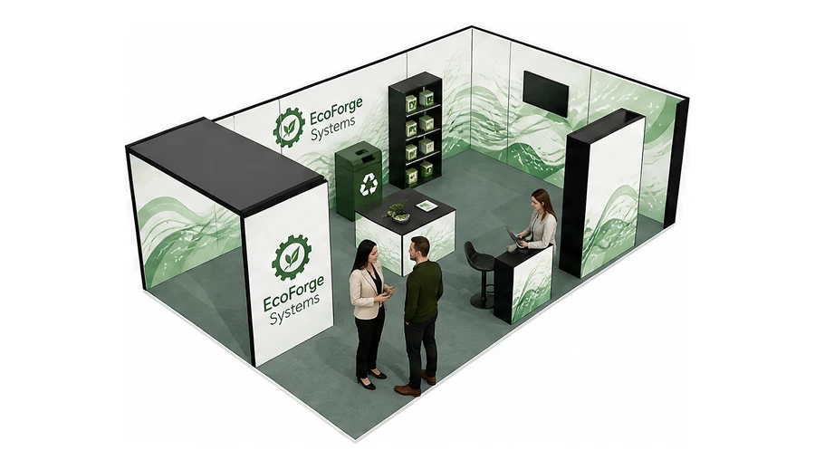 Stoisko 8 × 5 m narożne prawe dla branży recykling i ochrona środowiska, przykładowa marka EcoForge Systems