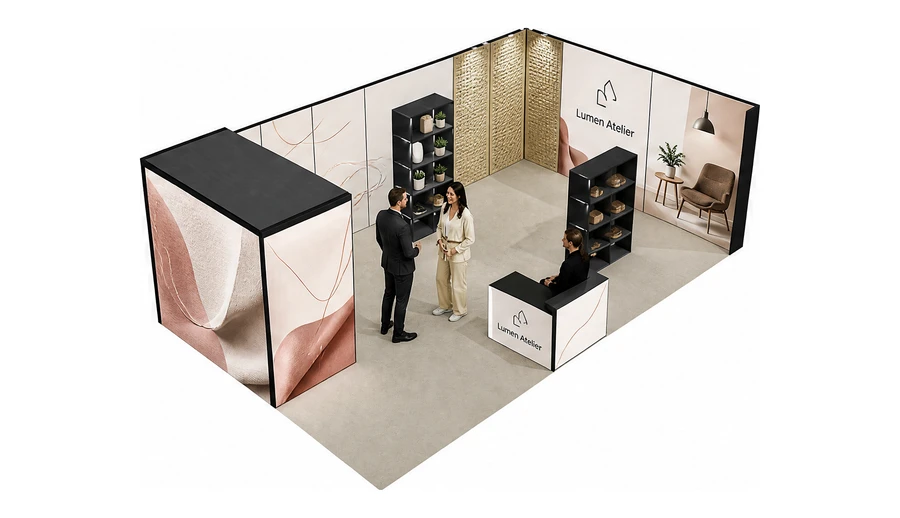 Stoisko 8 × 5 m narożne prawe dla branży meble designerskie, przykładowa marka Lumen Atelier