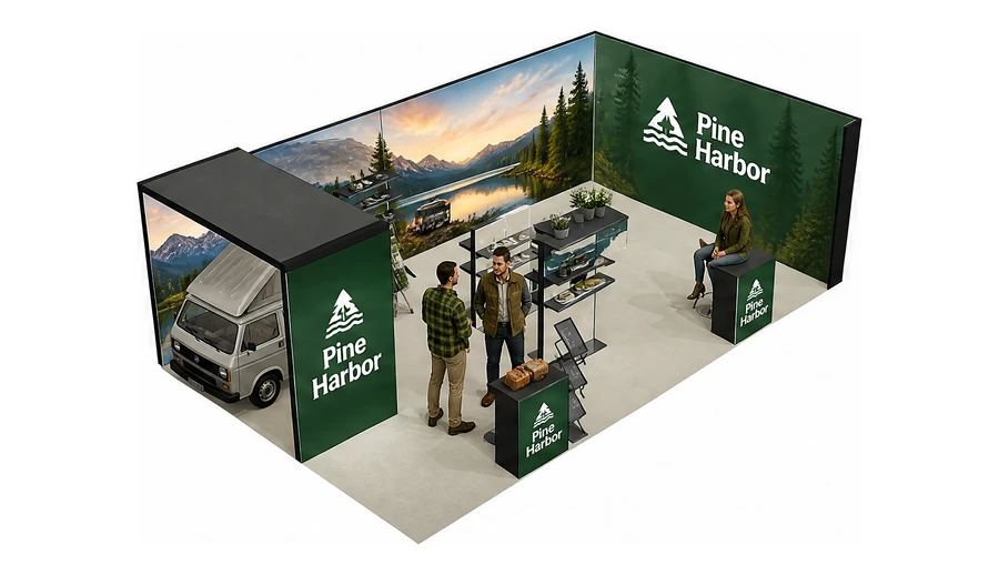 Stoisko 8 × 5 m narożne prawe dla branży caravaning i kampery, przykładowa marka Pine Harbor