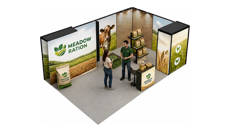 Stoisko 8 × 5 m narożne prawe dla branży hodowla i pasze, przykładowa marka Meadow Ration