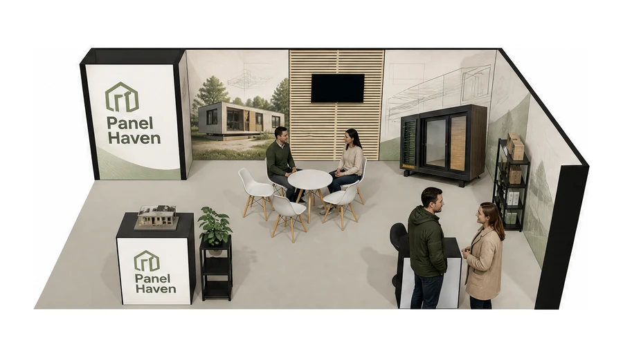Stoisko 8 × 5 m narożne prawe dla branży domy modułowe i prefabrykacja, przykładowa marka Panel Haven