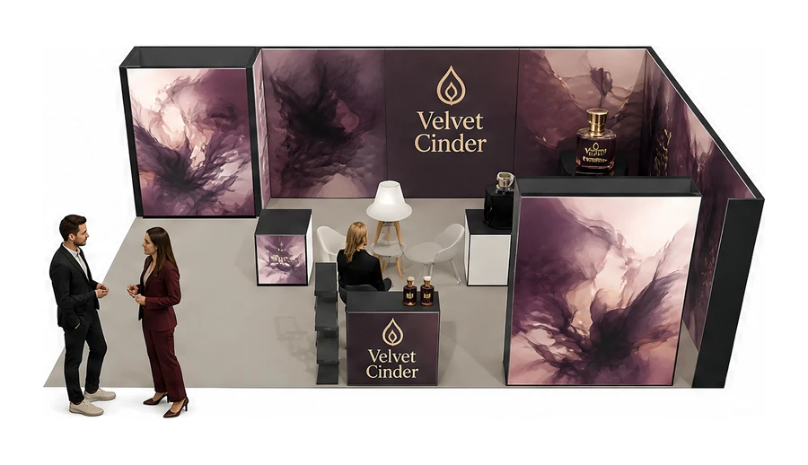 Stoisko 8 × 5 m narożne prawe dla branży perfumy, przykładowa marka Velvet Cinder