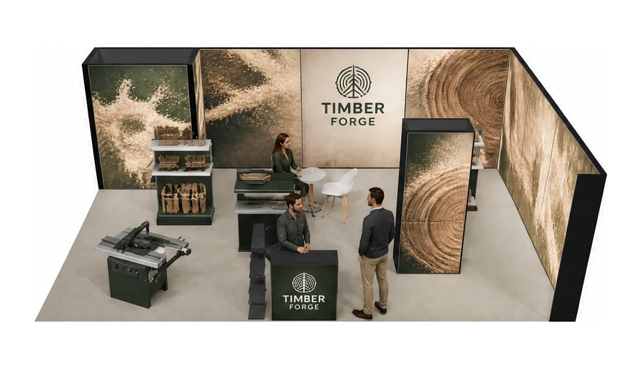 Stoisko 8 × 5 m narożne prawe dla branży maszyny do obróbki drewna, przykładowa marka Timber Forge