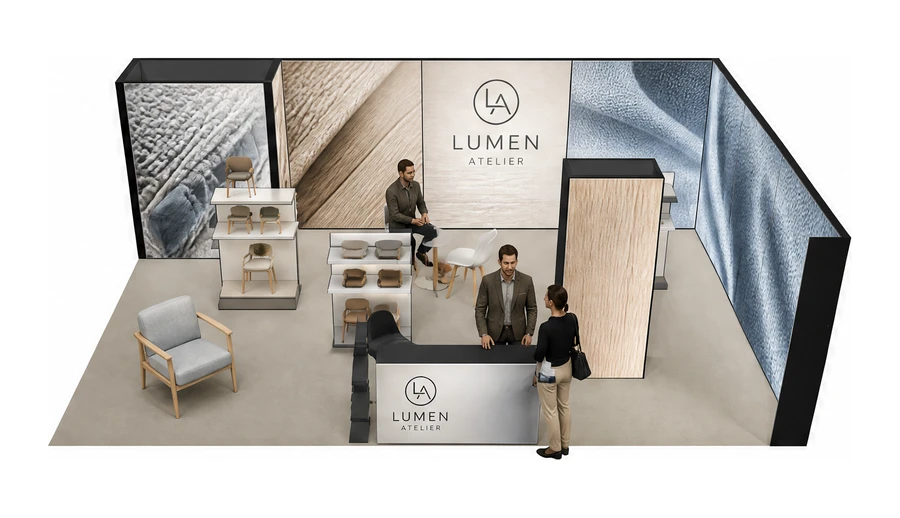 Stoisko 8 × 5 m narożne prawe dla branży meble designerskie, przykładowa marka Lumen Atelier