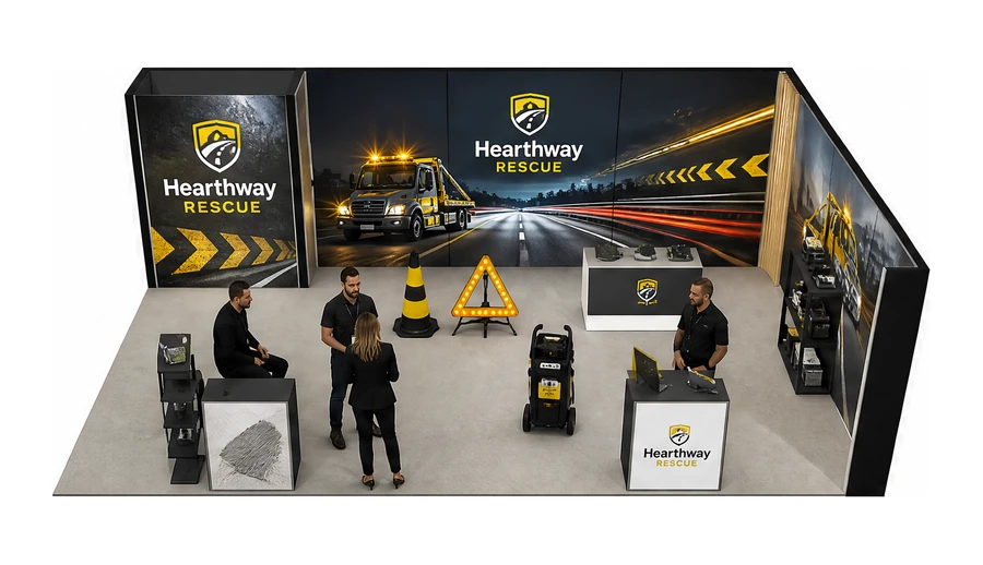 Stoisko 8 × 5 m narożne prawe dla branży pomoc drogowa i lawety, przykładowa marka Hearthway Rescue