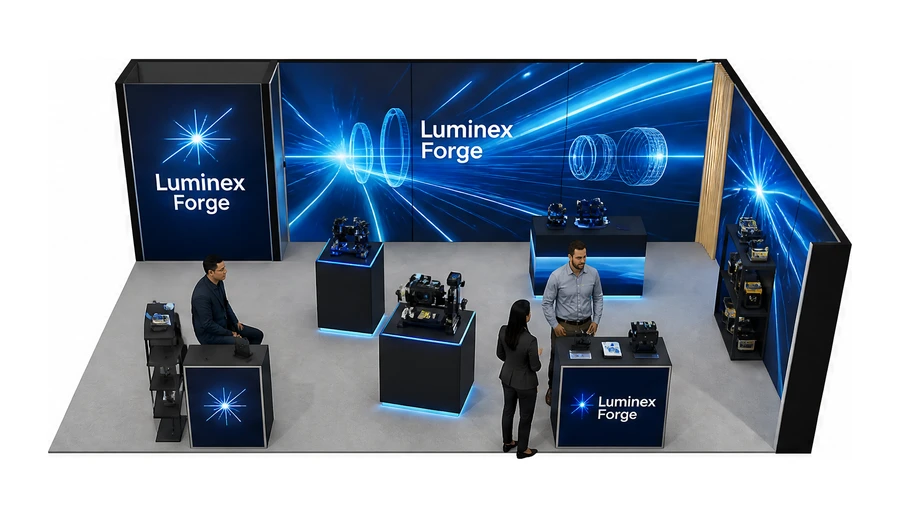 Stoisko 8 × 5 m narożne prawe dla branży technika laserowa i fotonika, przykładowa marka Luminex Forge