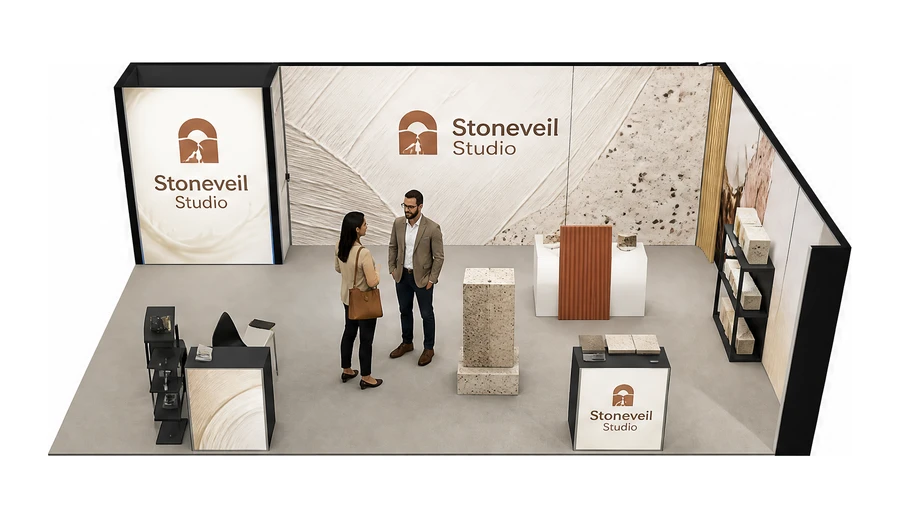 Stoisko 8 × 5 m narożne prawe dla branży wykończenie wnętrz, przykładowa marka Stoneveil Studio