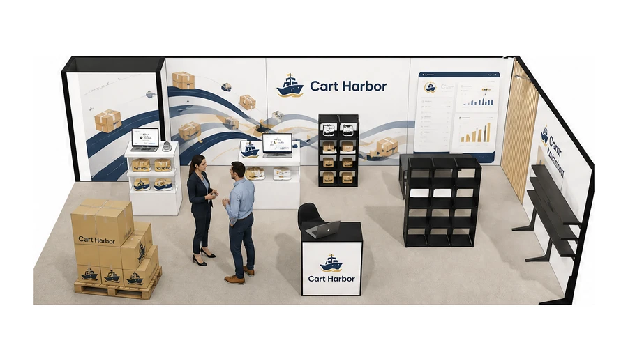 Stoisko 8 × 5 m narożne prawe dla branży e-commerce, przykładowa marka Cart Harbor