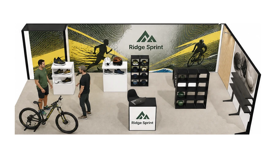 Stoisko 8 × 5 m narożne prawe dla branży sprzęt sportowy, przykładowa marka Ridge Sprint