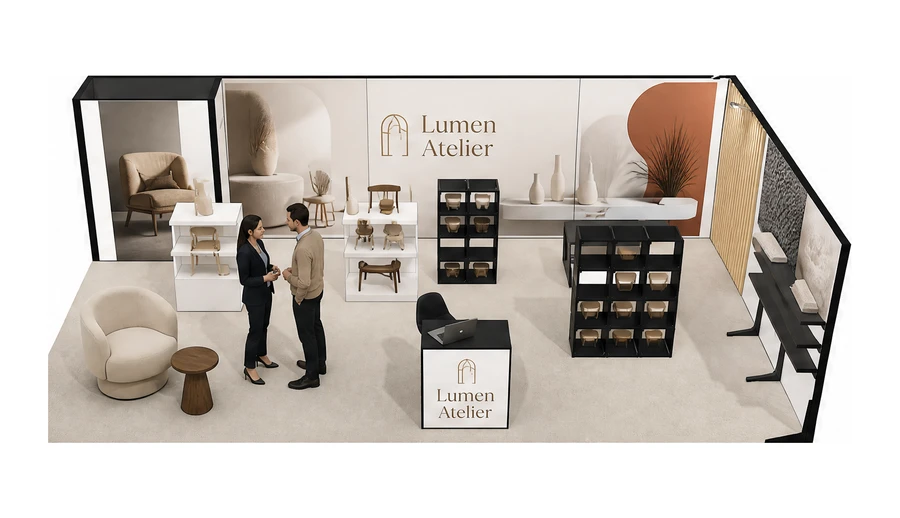 Stoisko 8 × 5 m narożne prawe dla branży meble designerskie, przykładowa marka Lumen Atelier