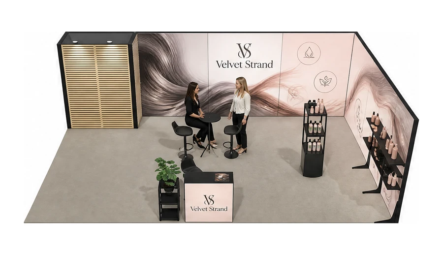 Stoisko 8 × 5 m narożne prawe dla branży fryzjerstwo i salony beauty, przykładowa marka Velvet Strand