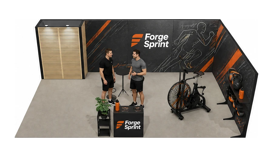 Stoisko 8 × 5 m narożne prawe dla branży fitness i siłownie, przykładowa marka Forge Sprint