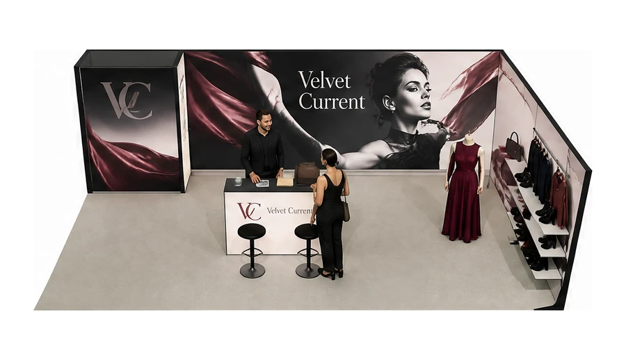 Stoisko 8 × 5 m narożne prawe dla branży odzież i moda, przykładowa marka Velvet Current