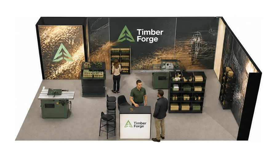Stoisko 8 × 5 m narożne prawe dla branży maszyny do obróbki drewna, przykładowa marka Timber Forge