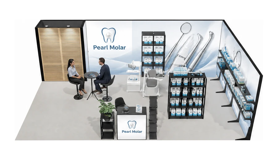 Stoisko 8 × 5 m narożne prawe dla branży stomatologia, przykładowa marka Pearl Molar