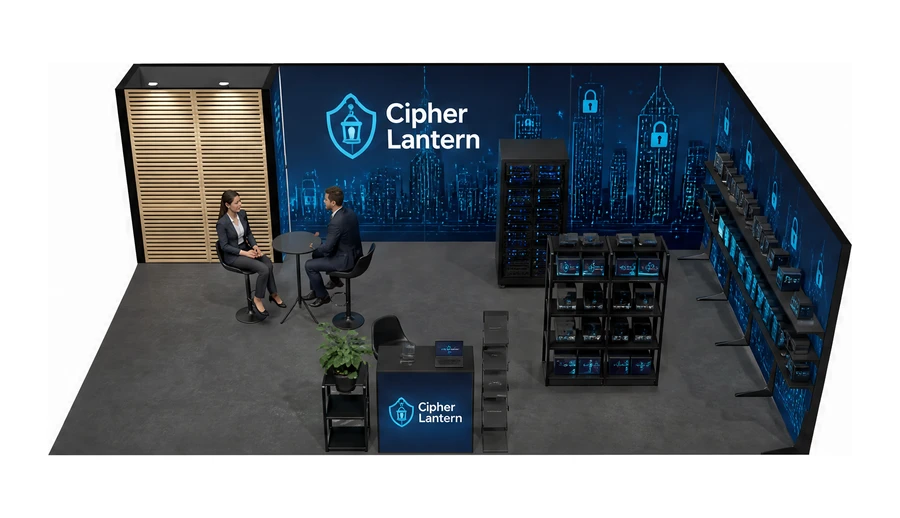 Stoisko 8 × 5 m narożne prawe dla branży cyberbezpieczeństwo, przykładowa marka Cipher Lantern