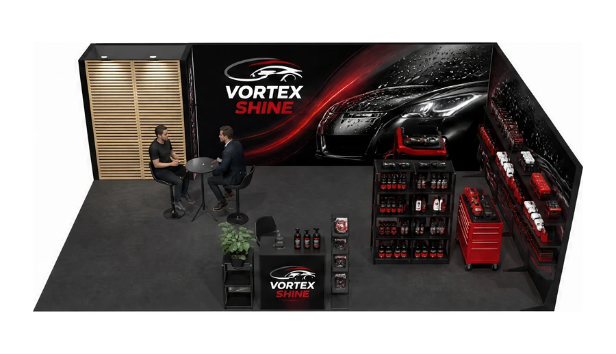 Stoisko 8 × 5 m narożne prawe dla branży tuning i detailing, przykładowa marka Vortex Shine