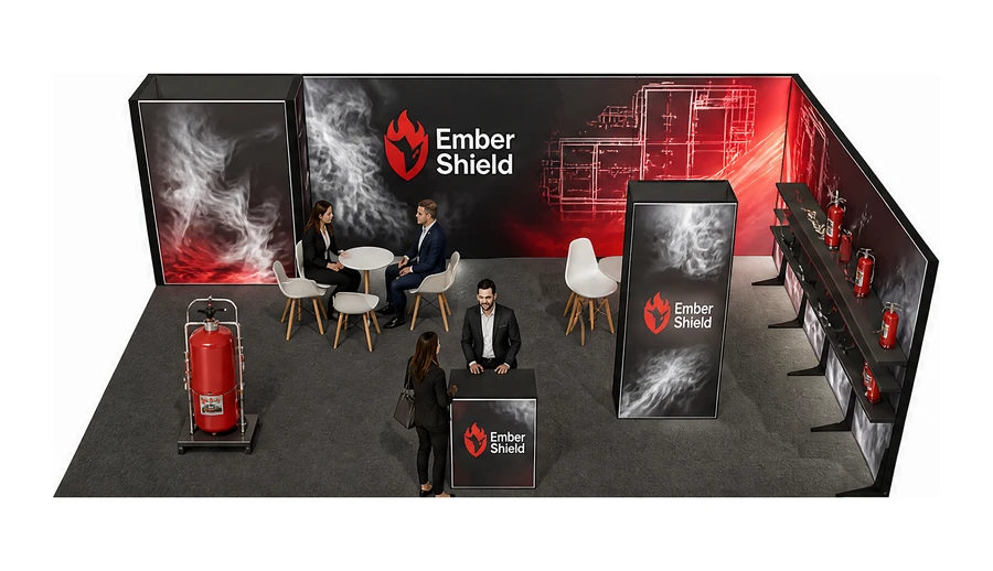 Stoisko 8 × 5 m narożne prawe dla branży ochrona przeciwpożarowa, przykładowa marka Ember Shield