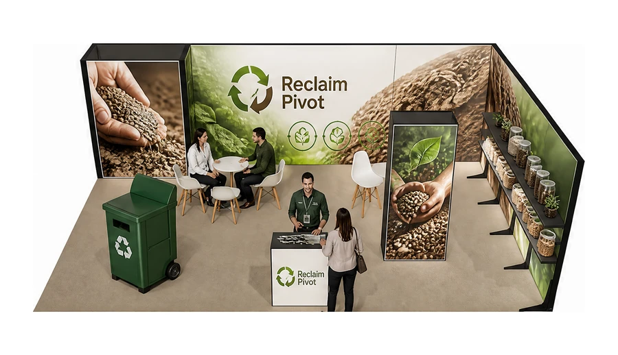 Stoisko 8 × 5 m narożne prawe dla branży recykling i ochrona środowiska, przykładowa marka Reclaim Pivot