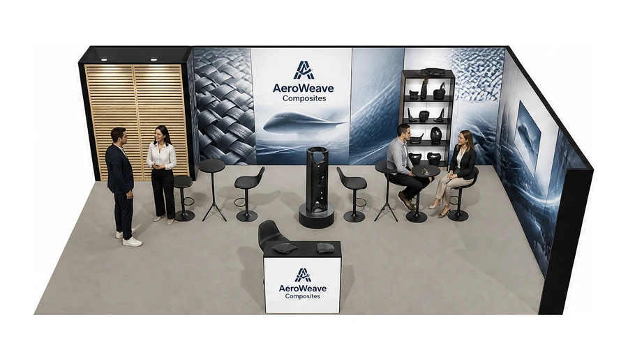 Stoisko 8 × 5 m narożne prawe dla branży materiały kompozytowe, przykładowa marka AeroWeave Composites