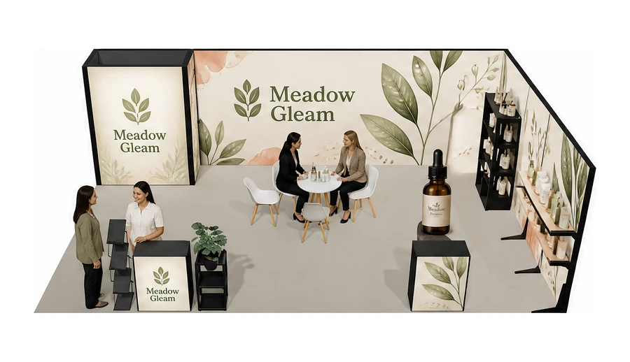 Stoisko 8 × 5 m narożne prawe dla branży kosmetyki naturalne, przykładowa marka Meadow Gleam
