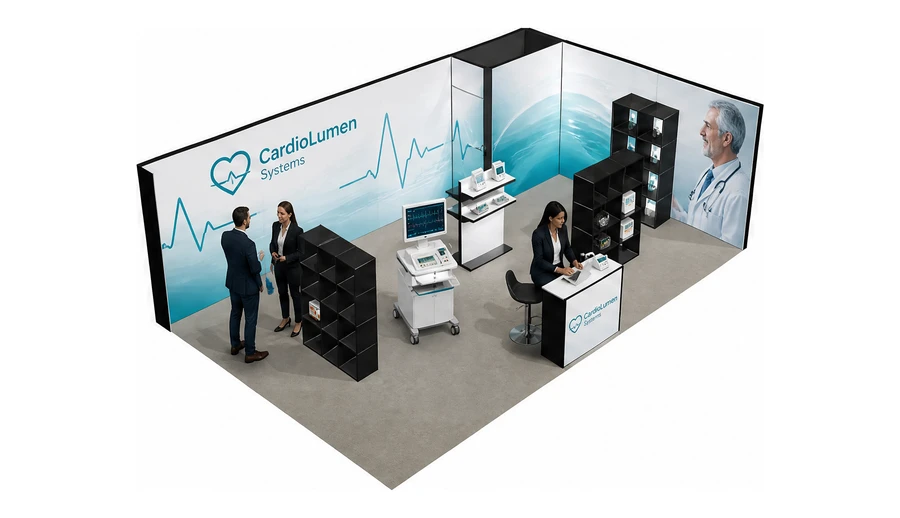 Stoisko 8 × 5 m narożne prawe dla branży sprzęt medyczny, przykładowa marka CardioLumen Systems