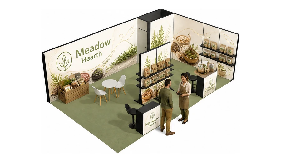 Stoisko 8 × 5 m narożne prawe dla branży żywność ekologiczna, przykładowa marka Meadow Hearth