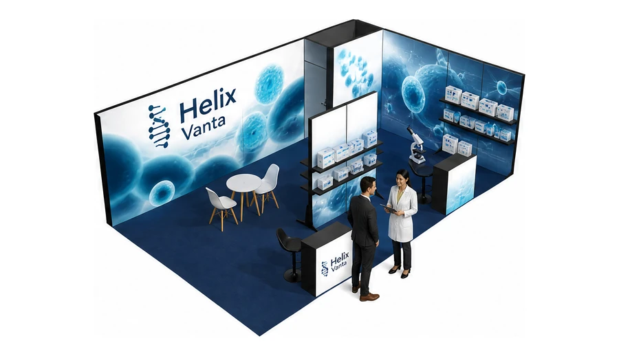 Stoisko 8 × 5 m narożne prawe dla branży farmacja i biotechnologia, przykładowa marka Helix Vanta