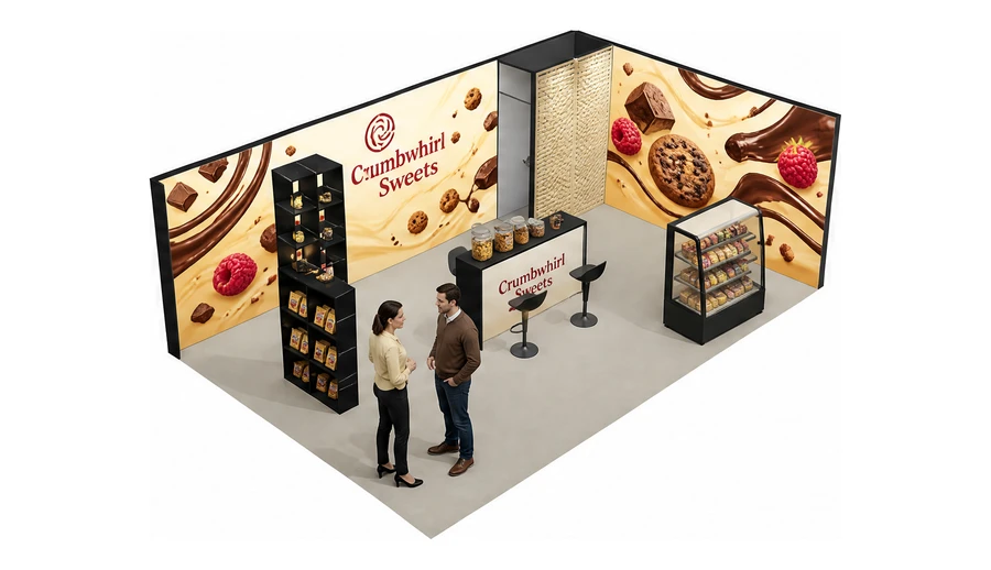 Stoisko 8 × 5 m narożne prawe dla branży słodycze i przekąski, przykładowa marka Crumbwhirl Sweets