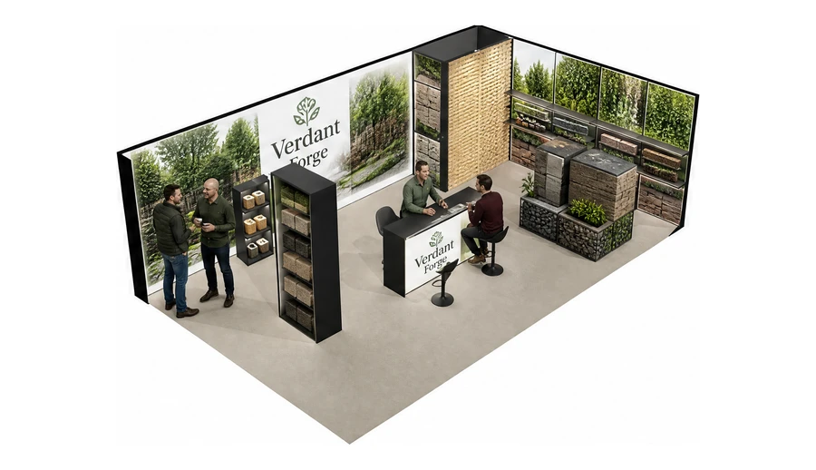 Stoisko 8 × 5 m narożne prawe dla branży ogród i architektura krajobrazu, przykładowa marka Verdant Forge