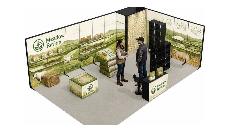 Stoisko 8 × 5 m narożne prawe dla branży hodowla i pasze, przykładowa marka Meadow Ration
