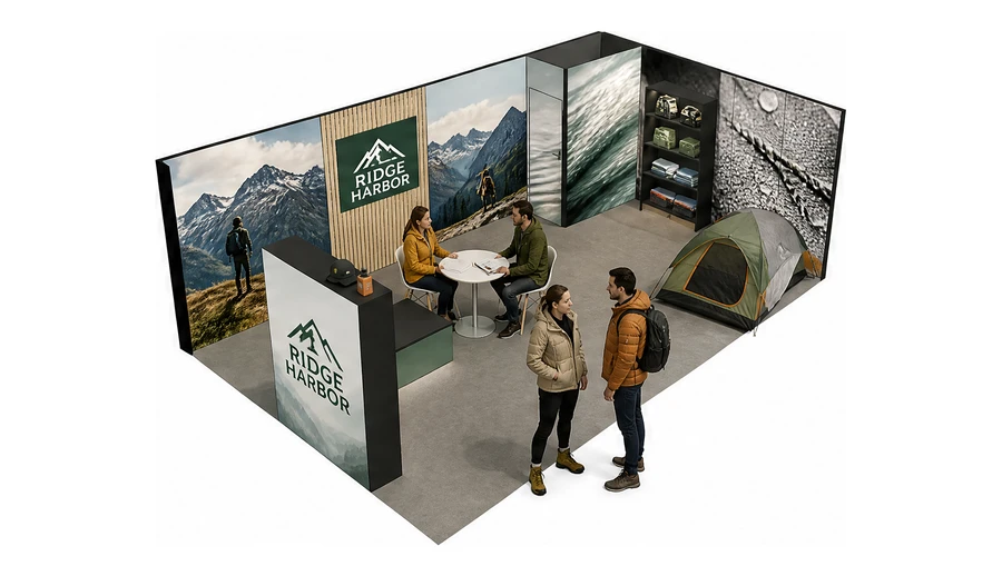 Stoisko 8 × 5 m narożne prawe dla branży odzież i sprzęt outdoorowy, przykładowa marka Ridge Harbor