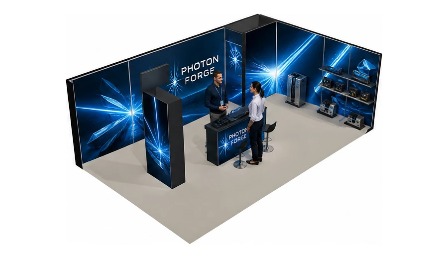 Stoisko 8 × 5 m narożne prawe dla branży technika laserowa i fotonika, przykładowa marka Photon Forge