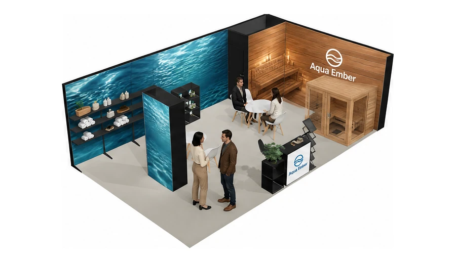 Stoisko 8 × 5 m narożne prawe dla branży baseny i sauny, przykładowa marka Aqua Ember
