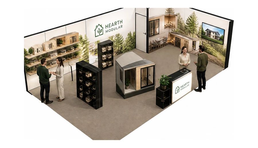Stoisko 8 × 5 m narożne prawe dla branży domy modułowe i prefabrykacja, przykładowa marka Hearth Modular