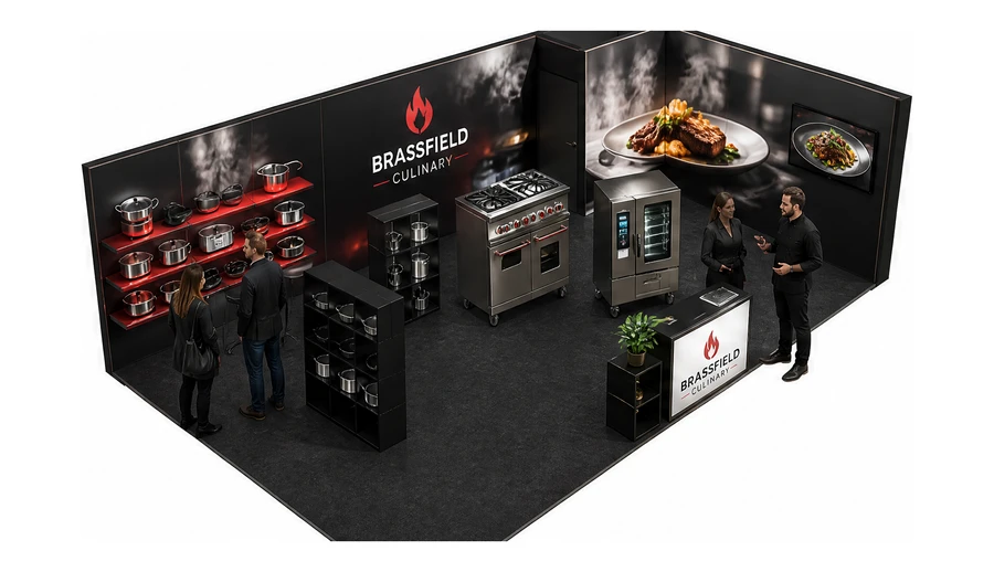 Stoisko 8 × 5 m narożne prawe dla branży wyposażenie gastronomii, przykładowa marka Brassfield Culinary